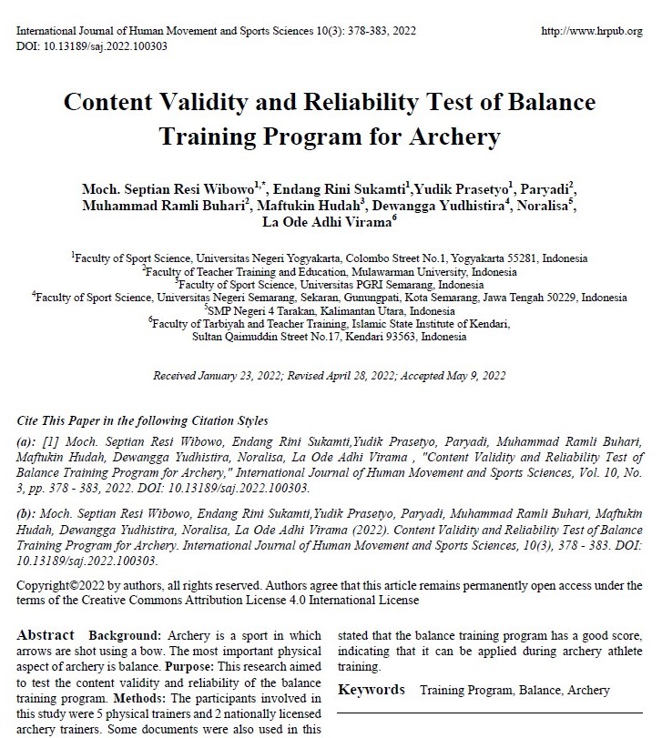 Content Validity and Reliability Test of Balance Training Program for Archery